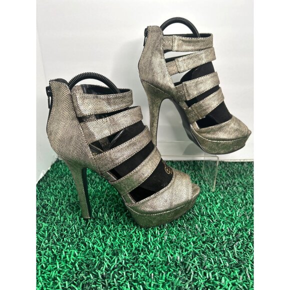 Qupid Womens Gold‎ Strappy Peep Toe Stiletto Heels Sandals Size 8 High Back Zip - Picture 1 of 8